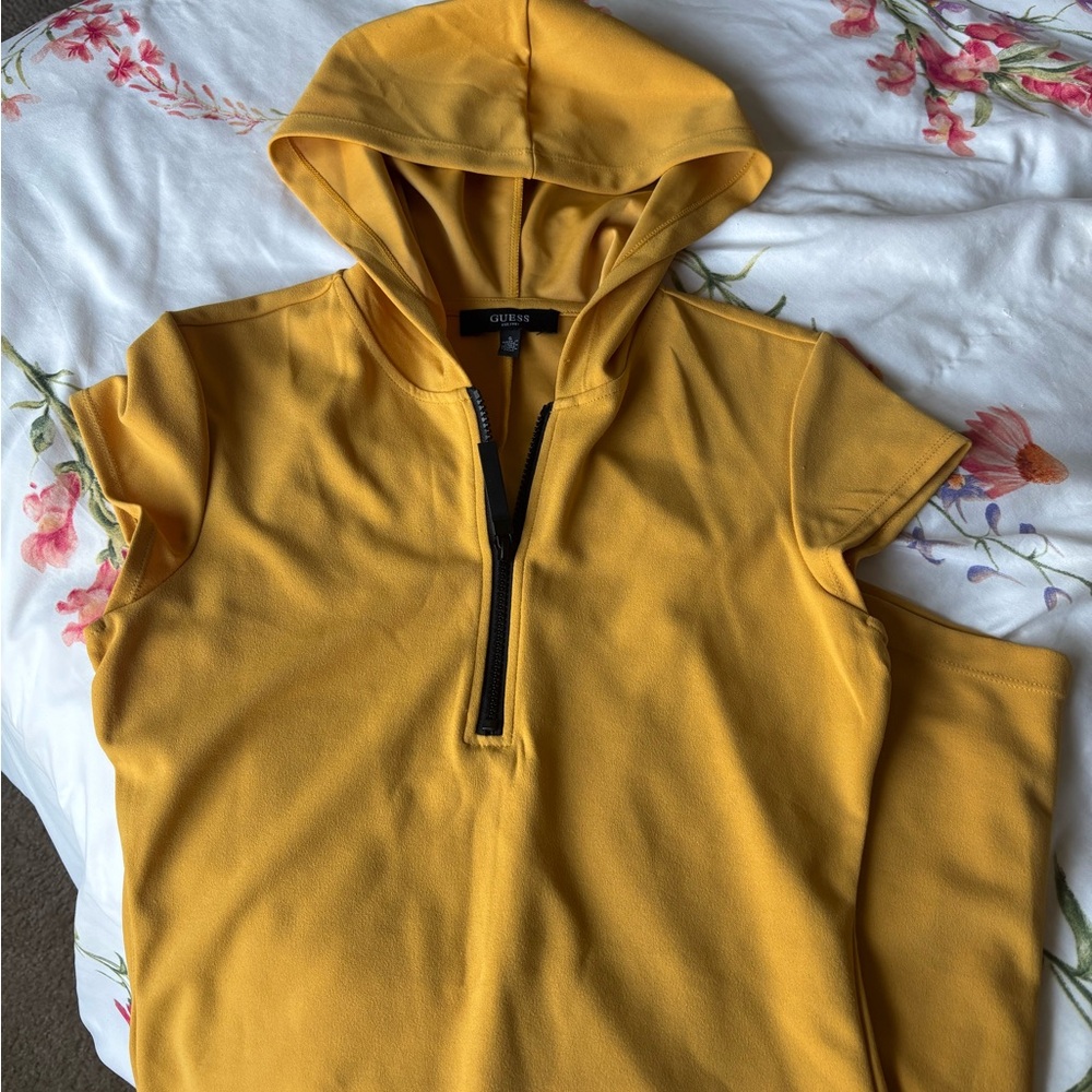 Guess Mustard Short Sleeve Hoodie Dress